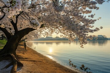 A tranquil morning scene of cherry blossom in full bloom along , AI generated