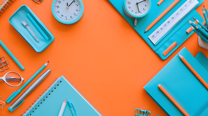 Cerulean blue school supplies on a tangerine background with copy space for text. An aerial photo of stationery