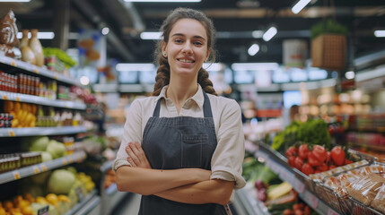 Portrait photo of a young woman cashier who stands against the backdrop of a supermarket
