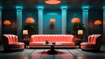 A retro 3D rendered cocktail lounge with velvet seats and a neon sign
