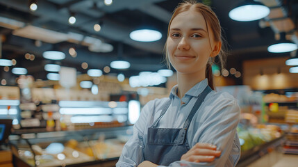Portrait photo of a young woman cashier who stands against the backdrop of a supermarket