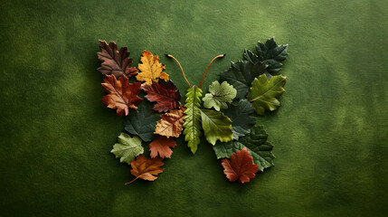 Colorful leaves shaped like a butterfly on a moss green background