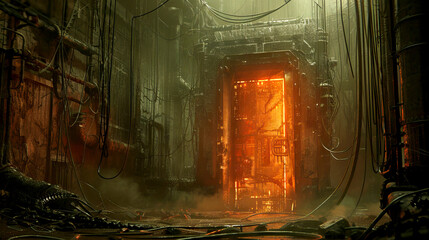 In the depths of a post-apocalyptic city, a door radiates a haunting glow, power lines and cables sprawl out like tentacles into the shadows