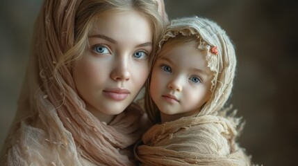 Obraz premium a woman and a child wearing scarves and scarves are posing for a picture with their heads wrapped around each other.