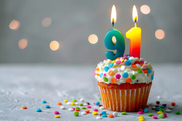 Birthday cupcake with number ninety-one candle