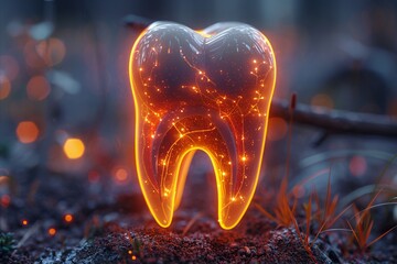 A glowing tooth with a protective shield illustrates enamel defense against acidity - obrazy, fototapety, plakaty