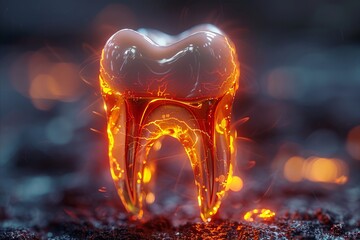 A glowing tooth with a protective shield illustrates enamel defense against acidity - obrazy, fototapety, plakaty