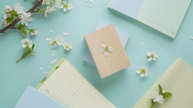 Depicting the term "May", minimalist flat lay spring setting with a pastel green and blue color scheme. A wooden block is set on top of two open notepads