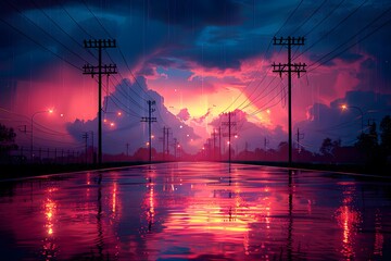 Sun Setting Over Water With Reflected Power Lines - obrazy, fototapety, plakaty
