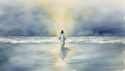 Watercolor painting of Jesus Christ walking on water in an impressionist style. - obrazy, fototapety, plakaty