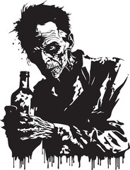 Macabre Mash Up Zombie with Whiskey Bottle Vector Emblem Rotgut Revival Zombie Holding Whiskey Bottle Vector Icon