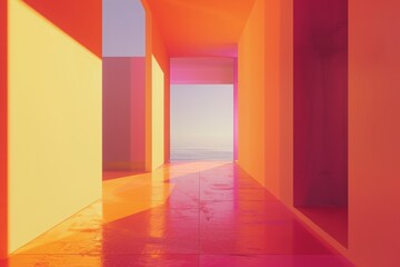 Vibrant corridor with colorful geometric shadows, a modern architectural wonder with a serene ocean view.

