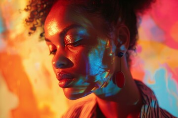Artistic portrait of a young woman with colorful light patterns on her face, representing creativity and emotion.

