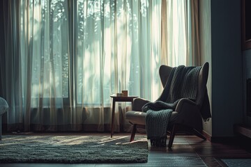 Armchair by a window with sheer curtains and warm sunlight, tranquil reading nook with cozy home atmosphere.


