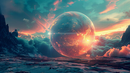 Symbolizing nuclear fusion, a glowing orb in a surreal landscape creates a peaceful and awe-inspiring scene. - obrazy, fototapety, plakaty