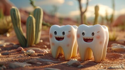 A desert scene where tooth and gum characters are parched, emphasizing the discomfort of dry mouth and the importance of staying hydrated - obrazy, fototapety, plakaty