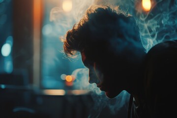 Silhouette of a man exhaling smoke in a moody, dimly lit setting, with ambient lights creating a mysterious, cinematic atmosphere.

 - obrazy, fototapety, plakaty