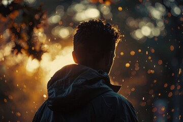 Man facing away, surrounded by sparks and warm light, creating an atmosphere of reflection and wonder.

