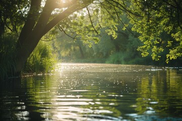 River gently flowing through a sunlit forest, a serene and refreshing natural landscape.


