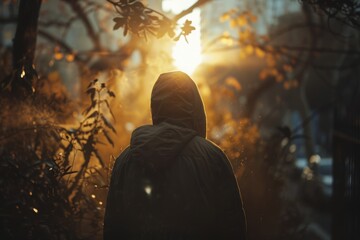 Person in hoodie silhouetted against a sunset in the woods, evoking mystery and solitude.

