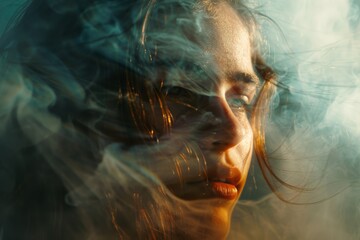 Woman shrouded in wisps of smoke, creating an alluring and dreamlike portrait with a hint of mystery.


