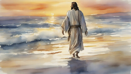 Watercolor painting of Jesus Christ walking on water in an impressionist style. - obrazy, fototapety, plakaty