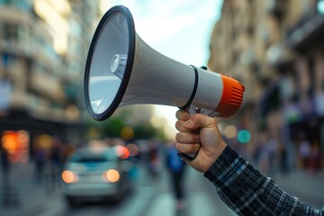 Megaphone in the hand of a man on the street