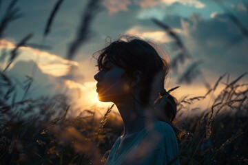 Contemplative woman in the golden hour light, amidst the tall grass, pensive and serene.

