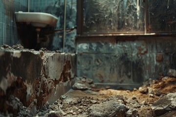 Obraz premium Decaying urban bathroom, a haunting narrative of neglect and the passage of time.