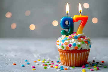 Birthday cupcake with number ninety-seven candle