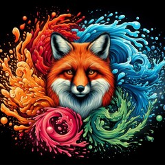 An artistic rendering of a fox with its fur exploding into vibrant, colorful cosmic flames on a black background, symbolizing creativity and imagination. AI Generation