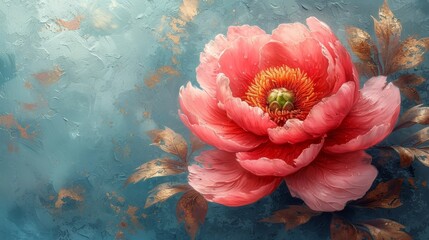 a large pink flower sitting on top of a blue table next to a leafy green and gold leaf covered wall. - obrazy, fototapety, plakaty