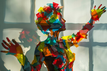 The woman is wearing a colorful outfit and has a colorful face. The image is a collage of different colored pieces of paper