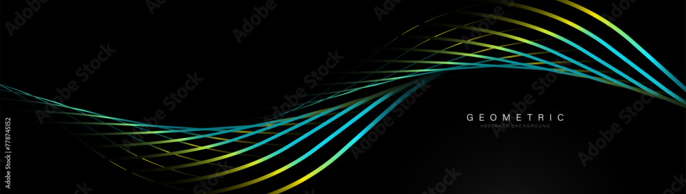 Poster abstract background with blue and yellow color glowing geometric wavy spiral lines particle. modern 
