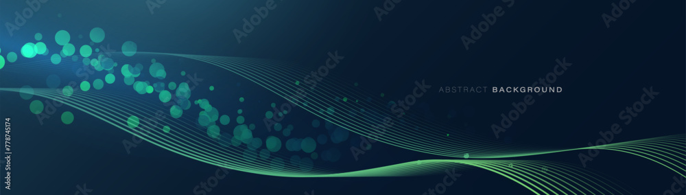 Poster Abstract background with green color glowing geometric wavy lines particle. Modern minimal trendy shiny lines pattern. Vector illustration