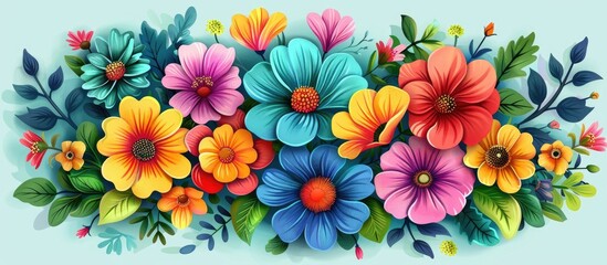 A variety of colorful flowers with green leaves are beautifully arranged on a vibrant blue background, showcasing the beauty of flowering plants and creative arts - obrazy, fototapety, plakaty