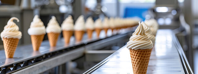 cones with ice cream on a conveyor belt close-up - obrazy, fototapety, plakaty