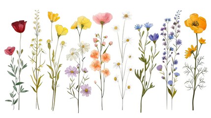 This illustration portrays a joyful array of folk art flowers, bringing a vibrant and rustic charm to life. - obrazy, fototapety, plakaty