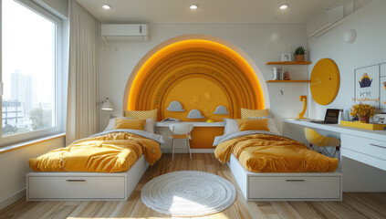 A modern and bright children's room with two beds, one desk and white cabinets against an arched wall, featuring a yellow color scheme and round shapes in the interior design style. Created with Ai