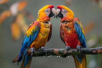 Two Colorful Parrots Sitting on a Branch in the Rain