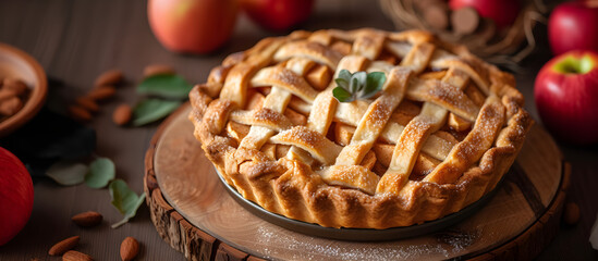 Apple pie on a wooden stand against the backdrop of an apple harvest. Concept template banner for advertising autumn, harvest, restaurant and menu, home holidays. - obrazy, fototapety, plakaty