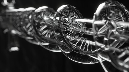 Extreme close-up Xray photography of a DNA helix spiral, morphing into the spiraled bore of a sniper rifle. - obrazy, fototapety, plakaty