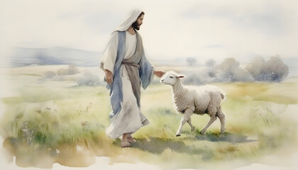 Watercolor painting of Jesus Christ walking with a lamb in an impressionist style. - obrazy, fototapety, plakaty