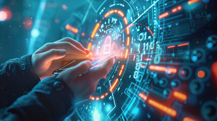 Cybersecurity and privacy protect wallpaper. Lock icon and internet network security technology. artificial intelligence a lock touch protecting personal data on smartphones, and a virtual screen