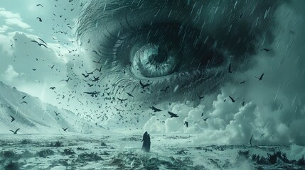 A colossal eyeball surrounded by thousands of wings, floating in the sky amidst a sea of clouds and dramatic lighting. - obrazy, fototapety, plakaty