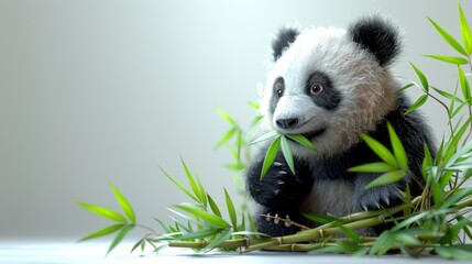 A lovable 3D cartoon panda clumsily eating bamboo, - obrazy, fototapety, plakaty