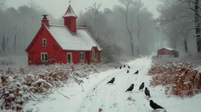 a flock of birds walking across a snow covered field next to a red building with a steeple on top of it.