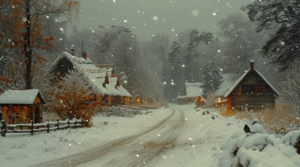 a snow covered road in front of a row of small wooden houses in a forest with lots of snow on the ground.