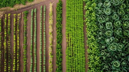 Aerial view of rows of green lettuce plants in the vegetable garden