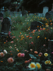 Fototapeta na wymiar Old gothic cemetery in the sea of wild flowers